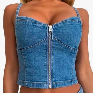Denim Corset Crop Top with Adjustable Straps and Zip-Up Front